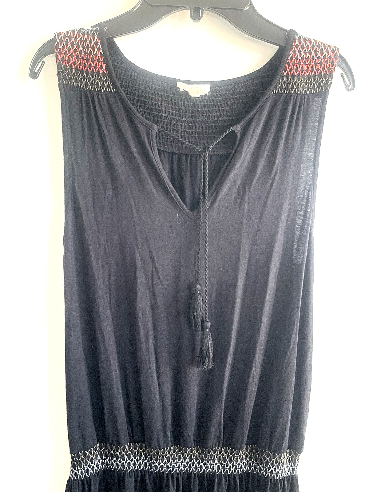 Soft Joie Embroidered Smocking Boho Dress Black Knit Blouson Mini S