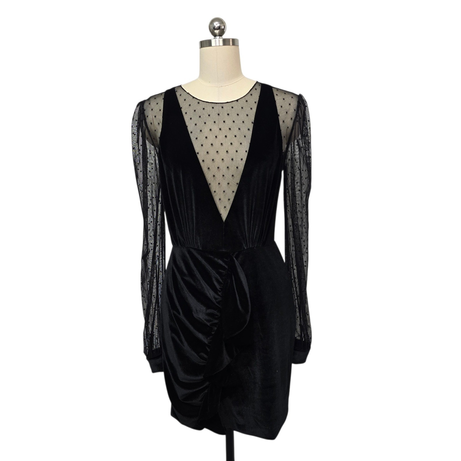 NWT PATBO Black Velvet Mesh Polka Dot Deep V Neck Ruched Mini Dress Size 8