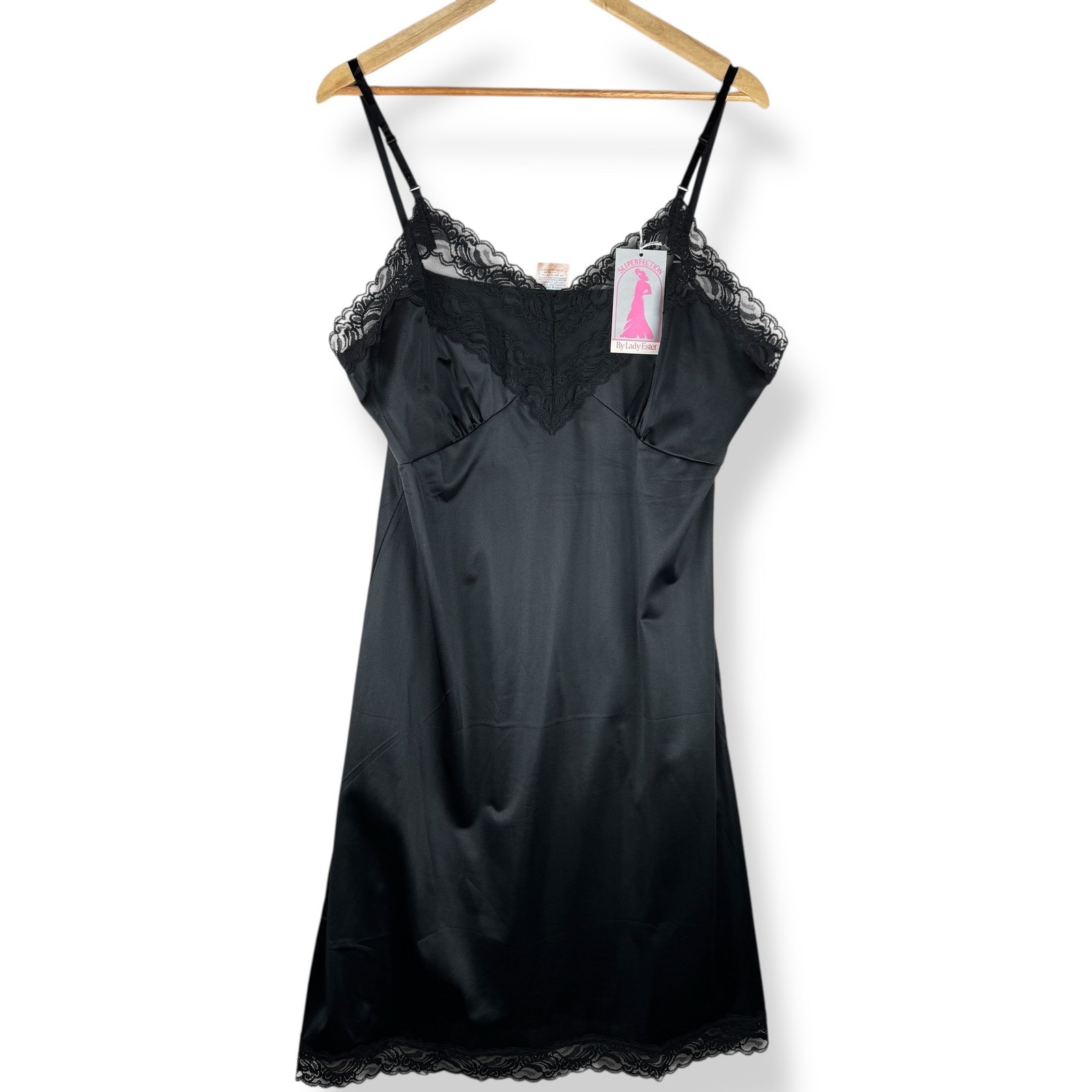Lady Ester Slip Dress Size 42 Vintage Deadstock Black Lace Lingerie Nylon USA