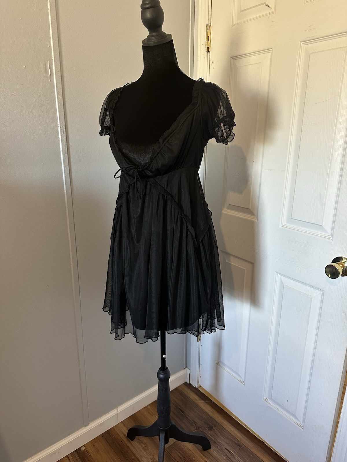 Urban Outfitters Black Mesh Ruffle Fit & Flare Mini Dress V-Neck Short Sleeve M