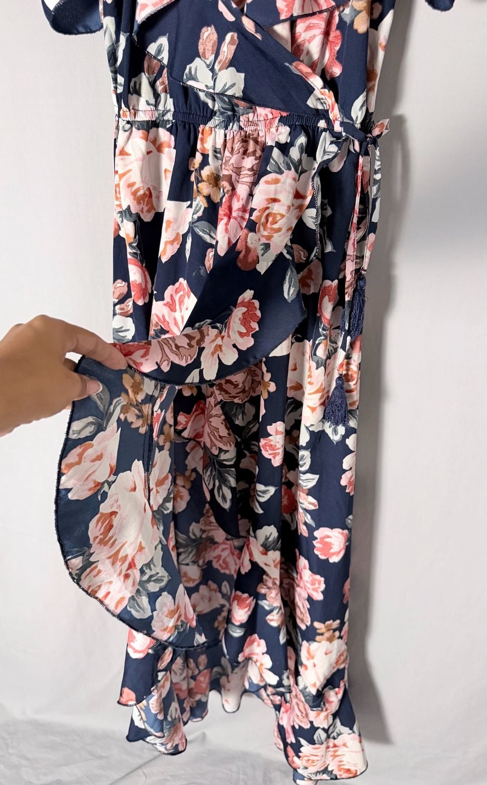 Blush Navy Floral Cold Shoulder Ruffle Trim Maxi Wrap Dress with Tassel Detail