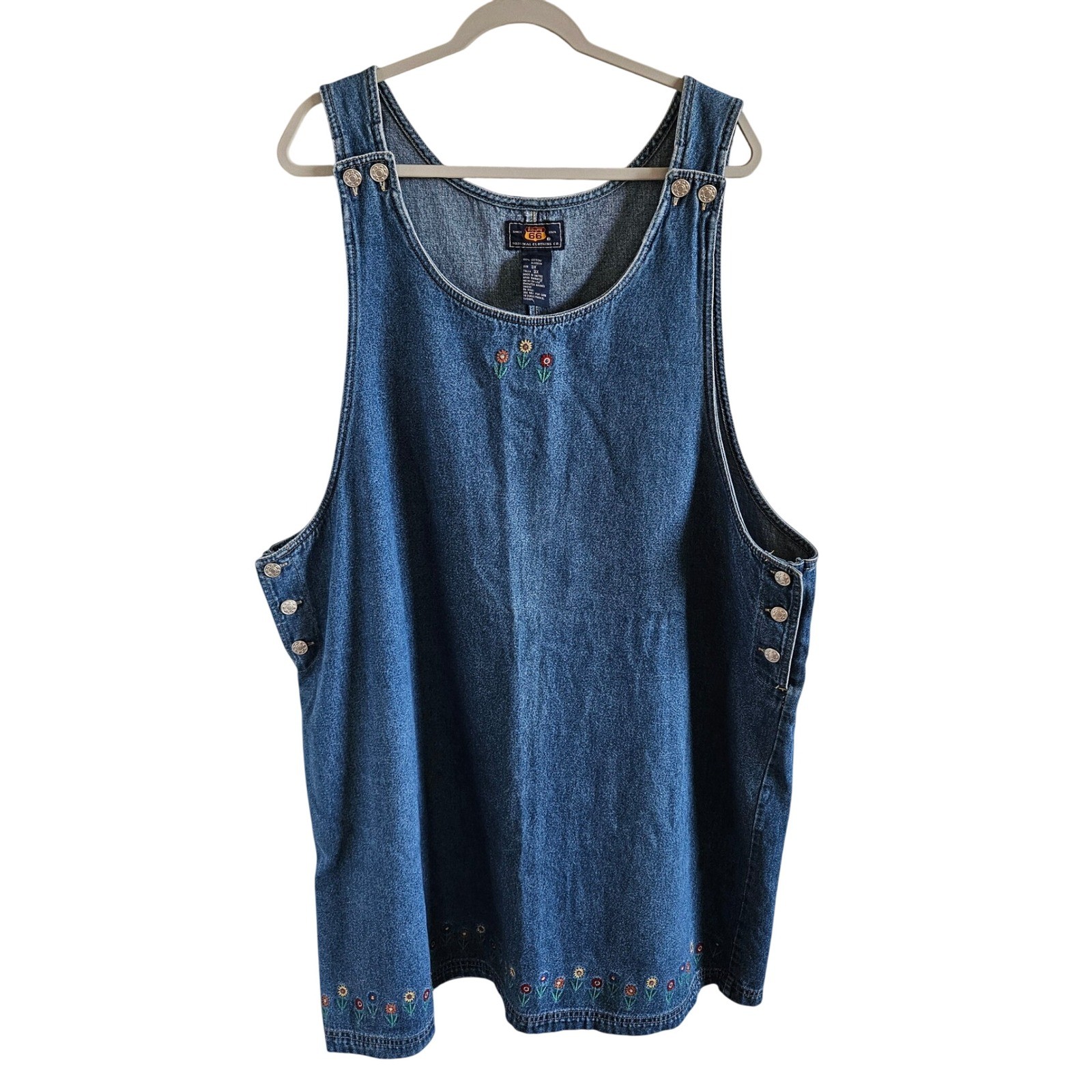 Vintage Route 66 Denim Jumper Dress 3X Blue Floral Embroider Overall Pinafore 90