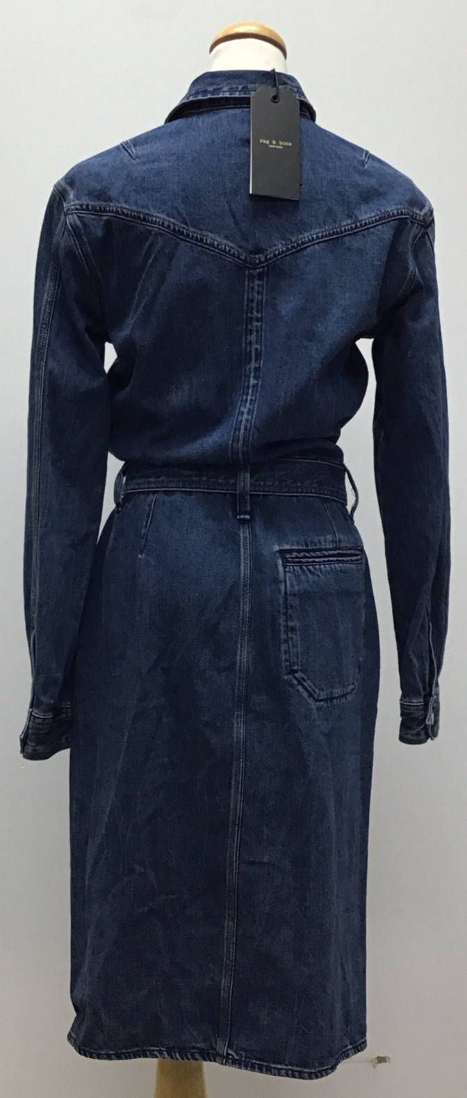 NWT Rag & Bone Mia Belted Midi Jeans Dress in Medium/Dark Wash Blue Size S/P