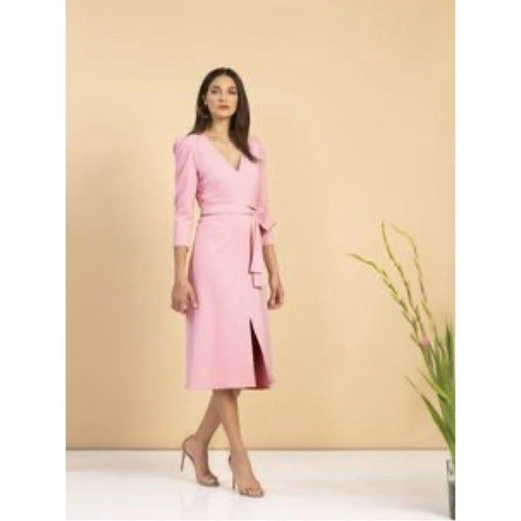 Shoshanna Damia Faux Belted Dress 2 Pink Blush Crepe Front Slit Vneck Midi