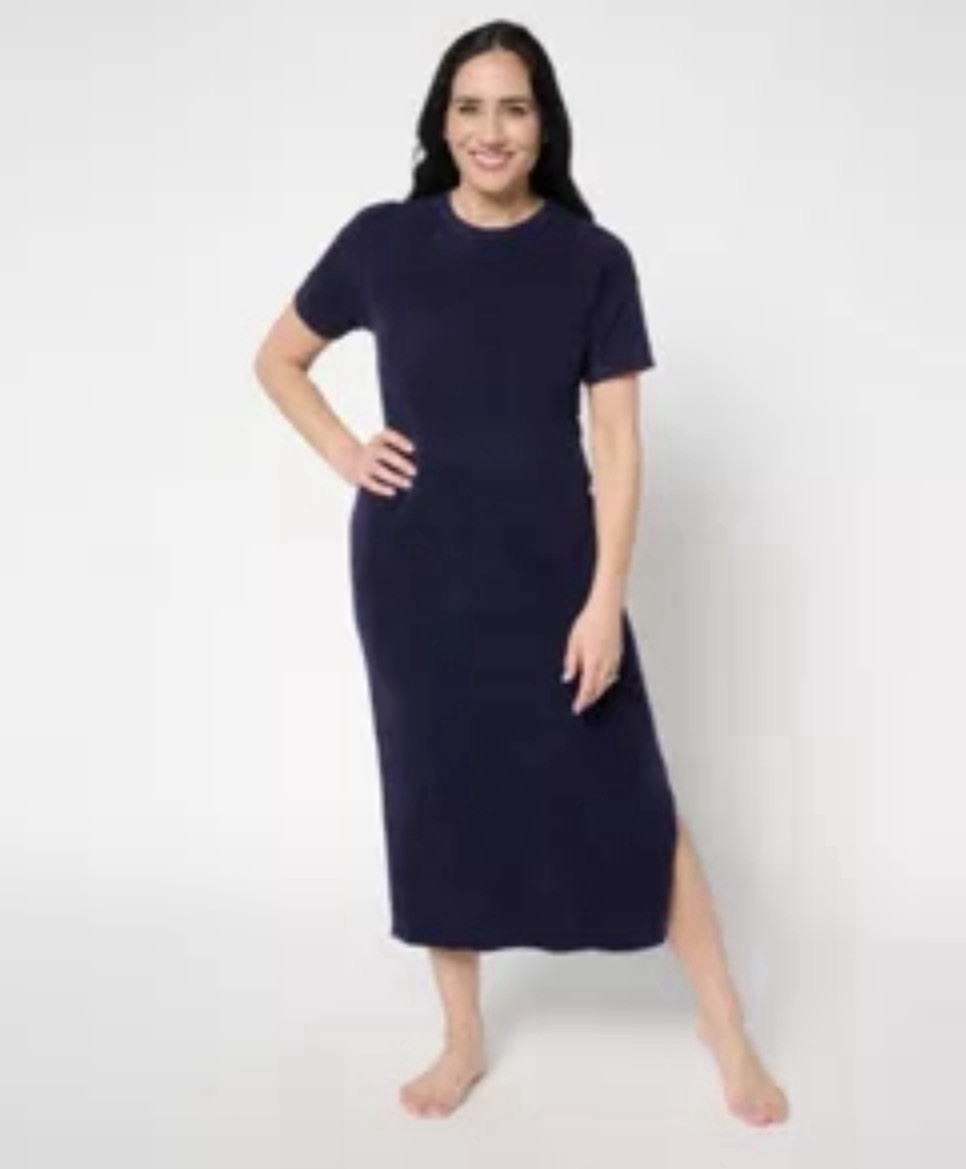 Barefoot Dreams XL Cozychic Short Sleeve Oxford Navy Pointelle Dress NWT