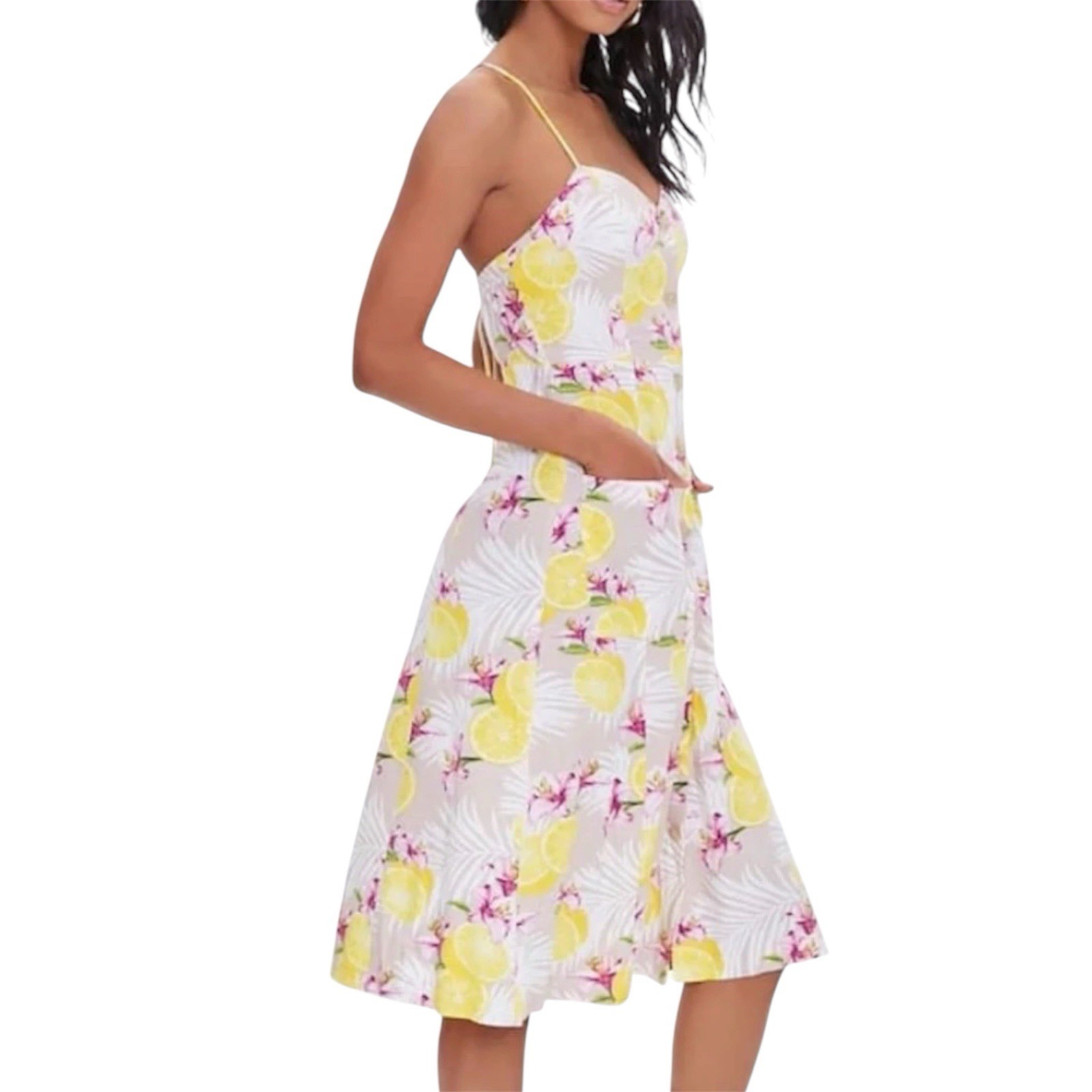 New Forever 21 Beige Lemon Floral V-Neck Button Open-Back Tie Midi Slip Dress S