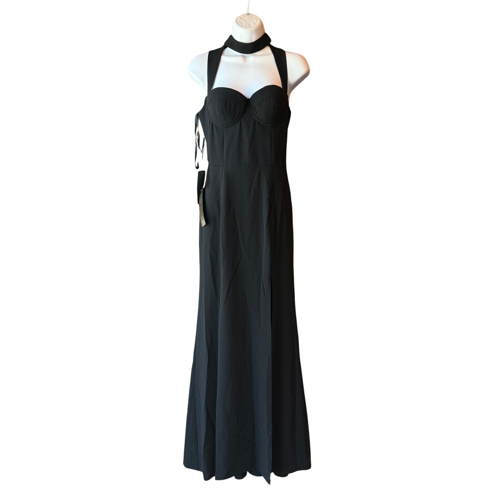 Bebe x Naven Mock Neck Cut Out Gown Black Maxi Dress Size 0 NWT High Slit