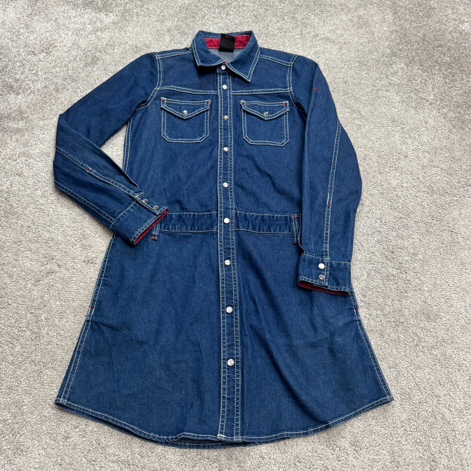 X-Girl Denim Pearl Snap Button Down Shirt Dress Womens 1 Small Blue Long Sleeve