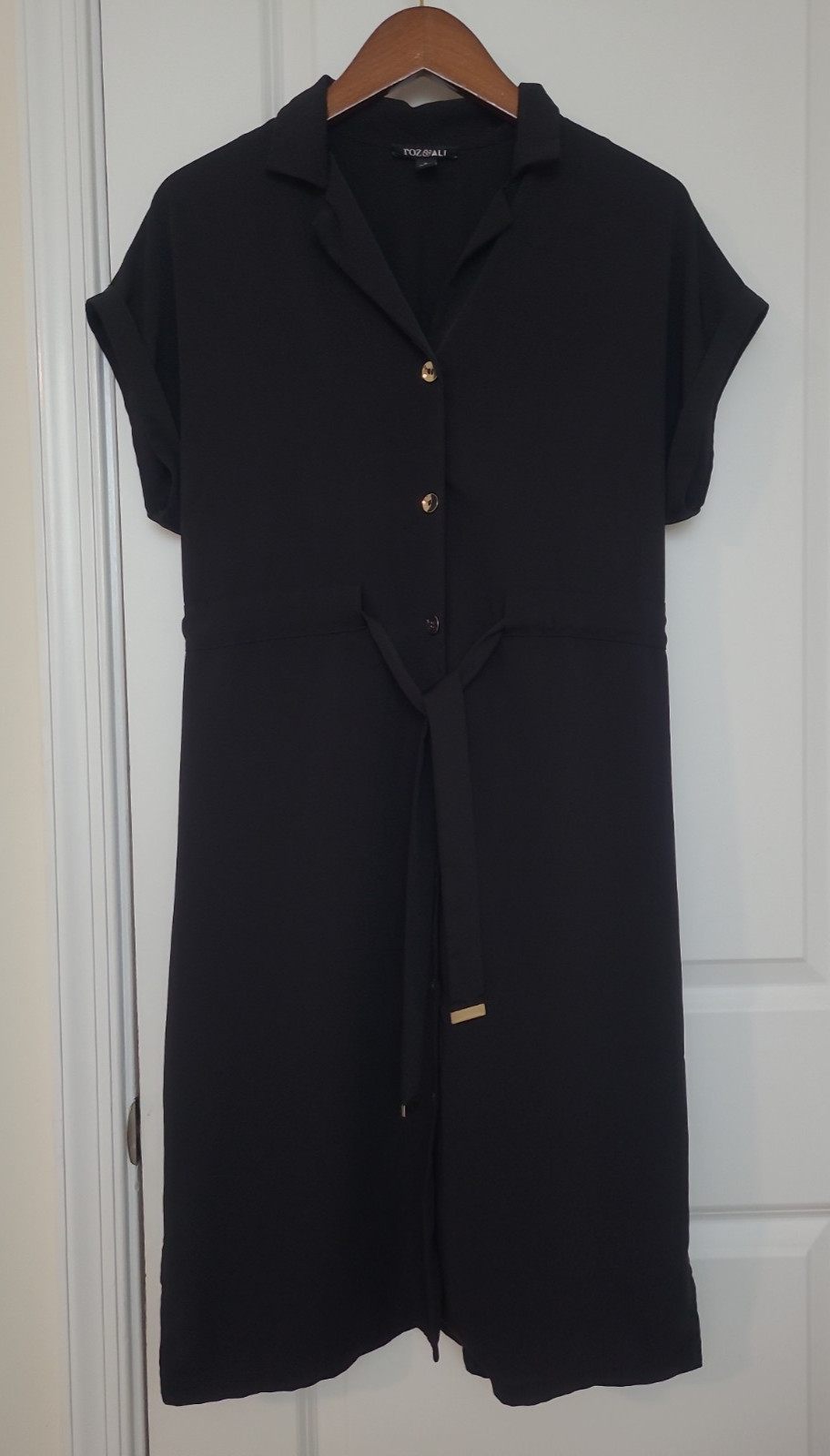 Roz & Ali Shirt Dress Women’s Sz 6 Black Tie Waist Short Sleeve Stretch Slit