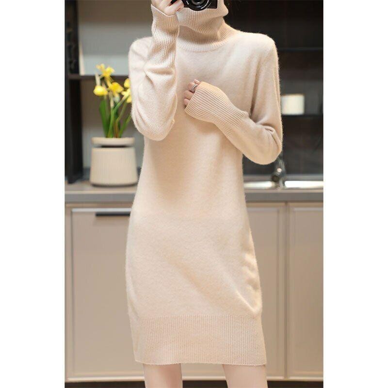 Knitted Cashmere Sweater Women Wool Turtleneck Long-Sleeve Slim Mid Length Dress