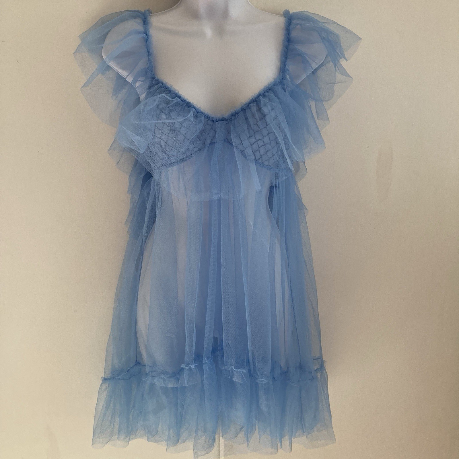 Free People Blue Star of The Show Sheer Tulle Babydoll Mini Slip, NWT Sz M