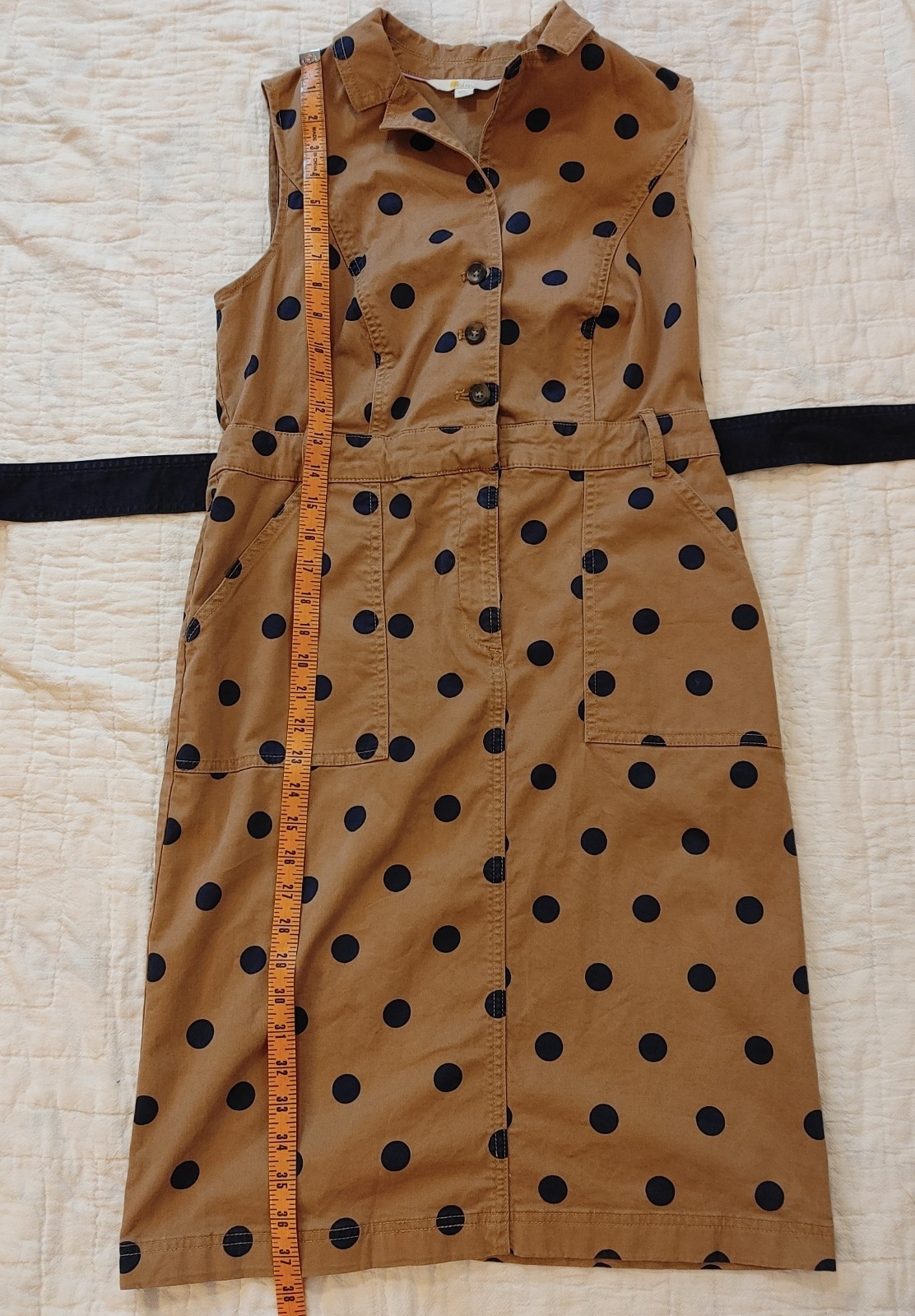 Boden Khaki Tan Navy Blue Polka Dot Sheath Edith Dress sz 8P Stretch Cinch Belt