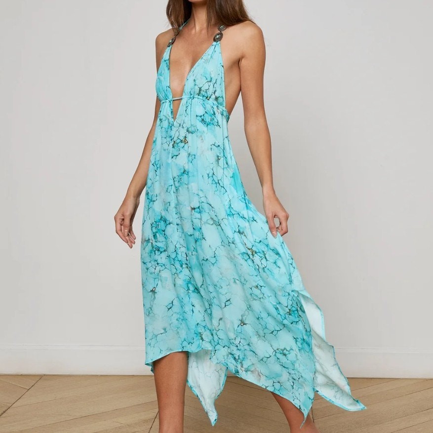 L’Agence Umma Cover Up Dress Turquoise Marble Print Handkerchief Hem Size S NEW