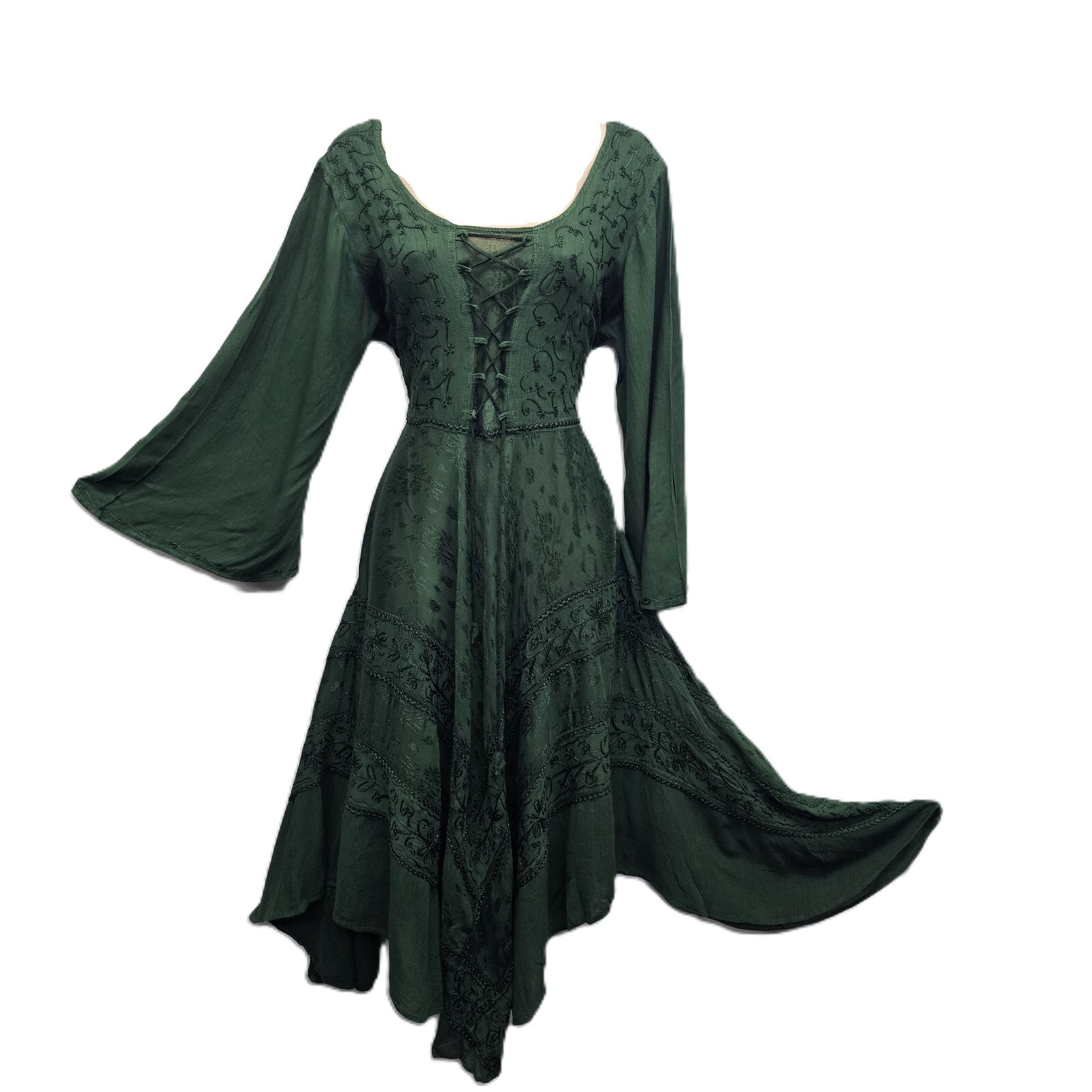 Bohemian Dress Lace up Bottle Green Asymmetric Bell Sleeve One Size 12 14 16