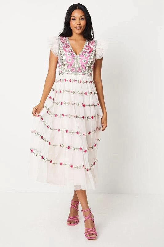 Coast Pink Embroidered Floral Tulle Occasion Party Maxi Dress UK 14 US 10
