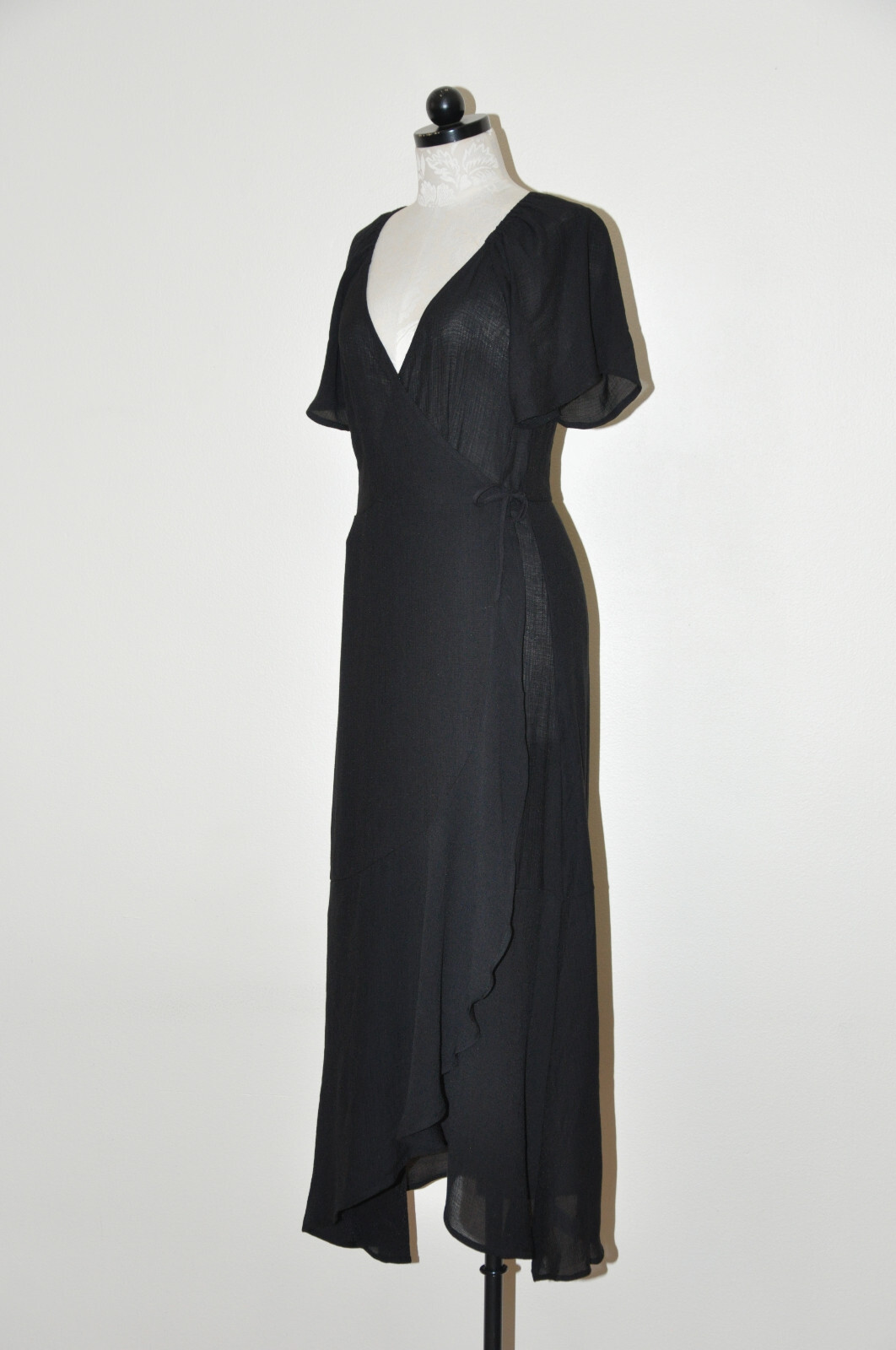 Lush Black Cotton Gauze Sheer Plunging Neckline Long Maxi Wrap Dress LBD Women M
