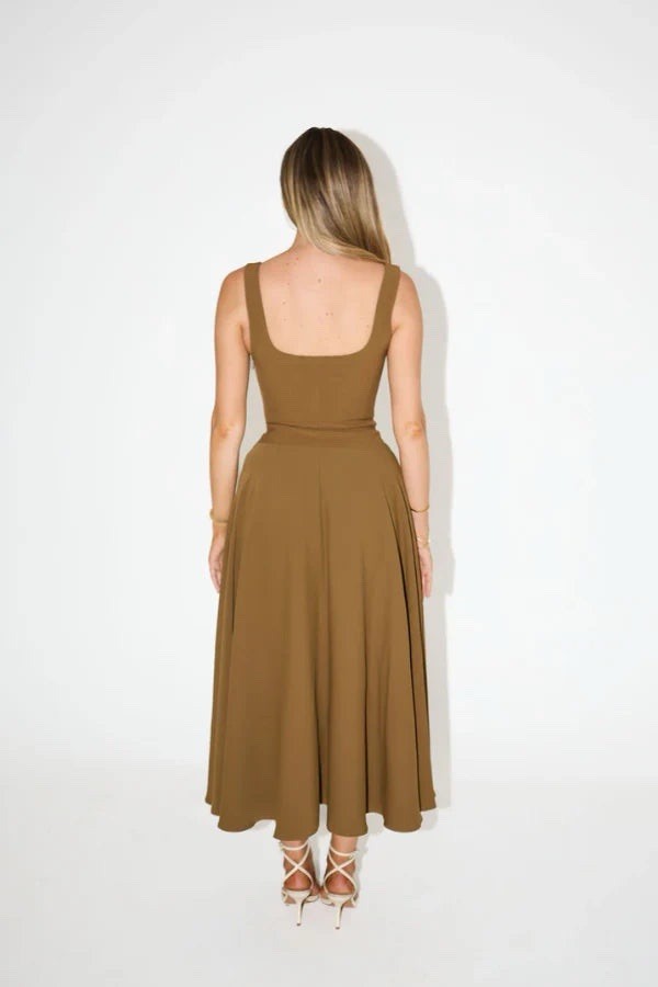 ODD MUSE – The Ultimate Muse Low Waist Square Neck Midi Dress – Olive XS BNWT!