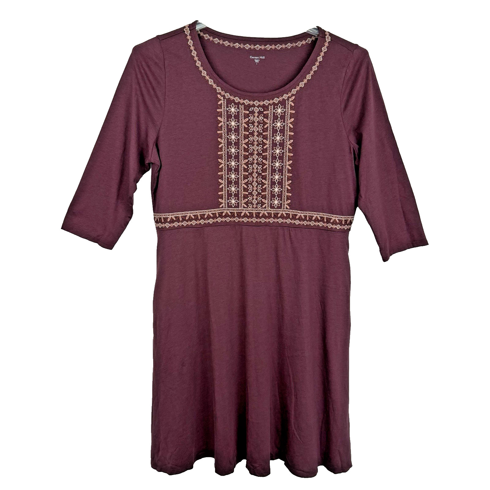 Garnet Hill Embroidered Bodice Knit Dress Size L Eggplant Organic Cotton Boho