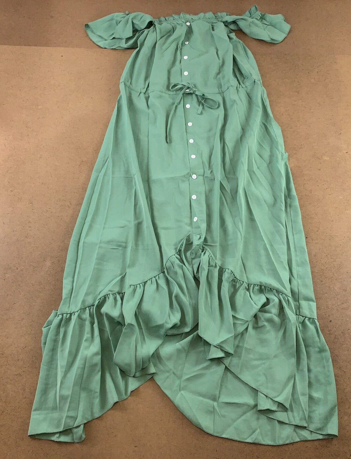 KIRUNDO Women’s Large Green Off Shoulder Drawstring Waist Ruffled Maxi Dress NWT