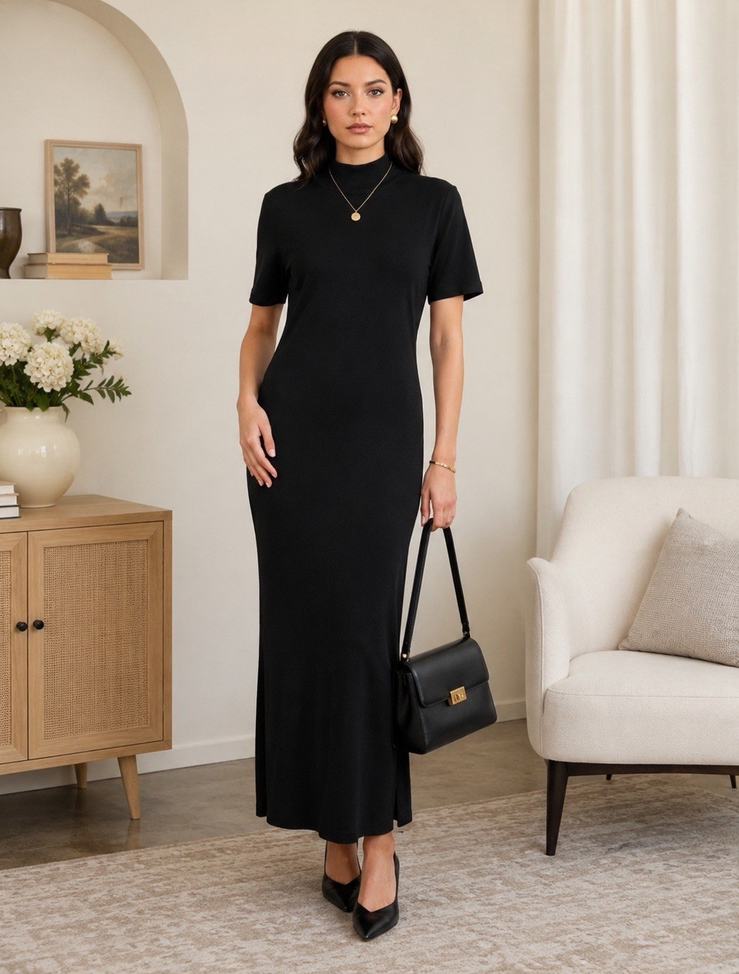 Talbots Black Mock Neck Knit Maxi Sweater Dress Short Sleeve Side Slit M