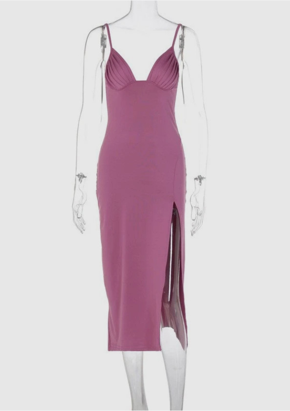 Spaghetti Strap Dress with Split Design Deep V-Neck Sleeveless Backless Bodycon