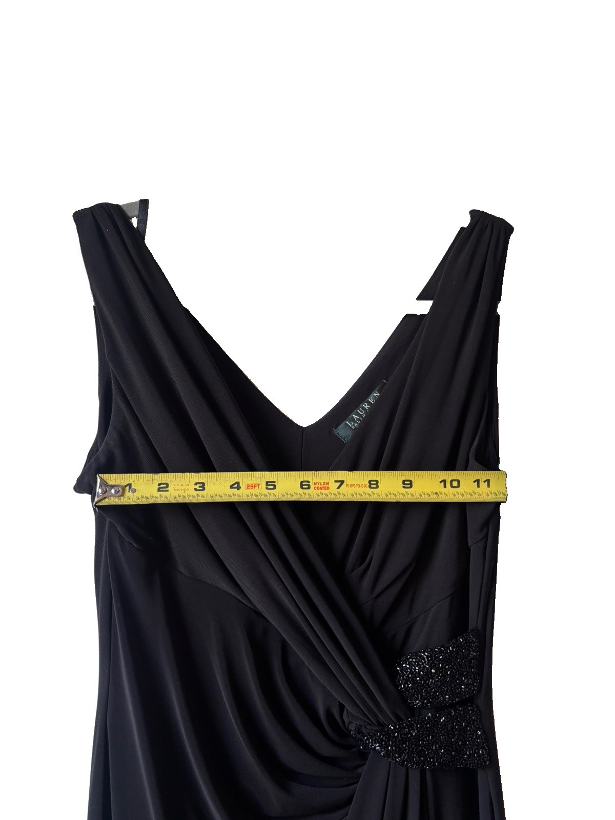 Lauren Ralph Lauren Evening Black V-Neck Gown Faux Wrap Beaded Accent Size 8 P