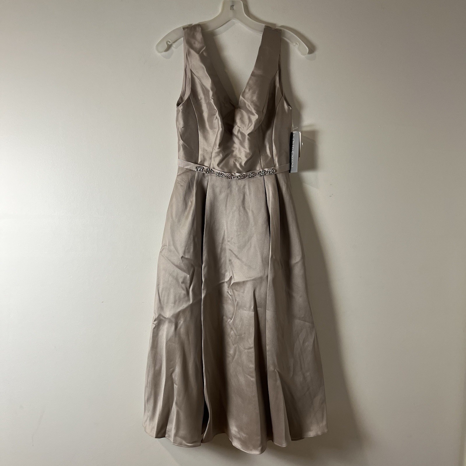 Oleg Cassini Mikado Midi Embellished Semi-formal Cocktail Dress Sz 2 in Biscotti