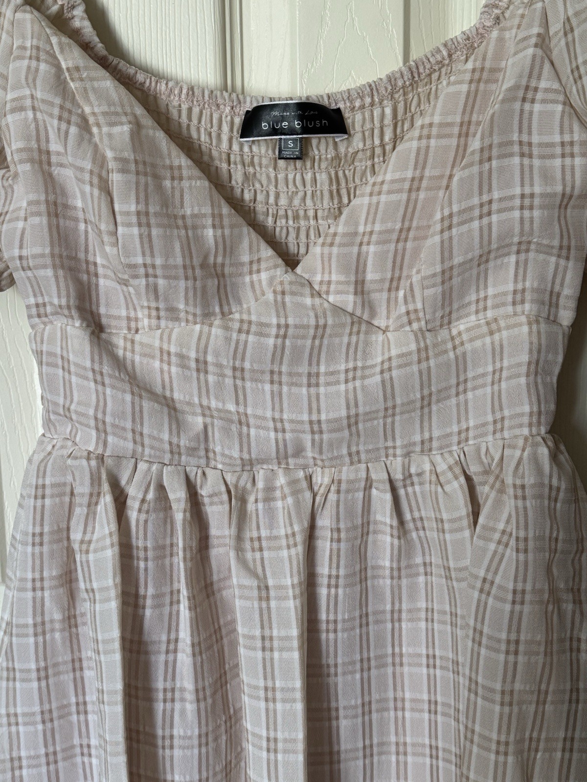 Blue Blush Beige White Plaid Puff Sleeve Smocked Short Sundress Sweetheart S