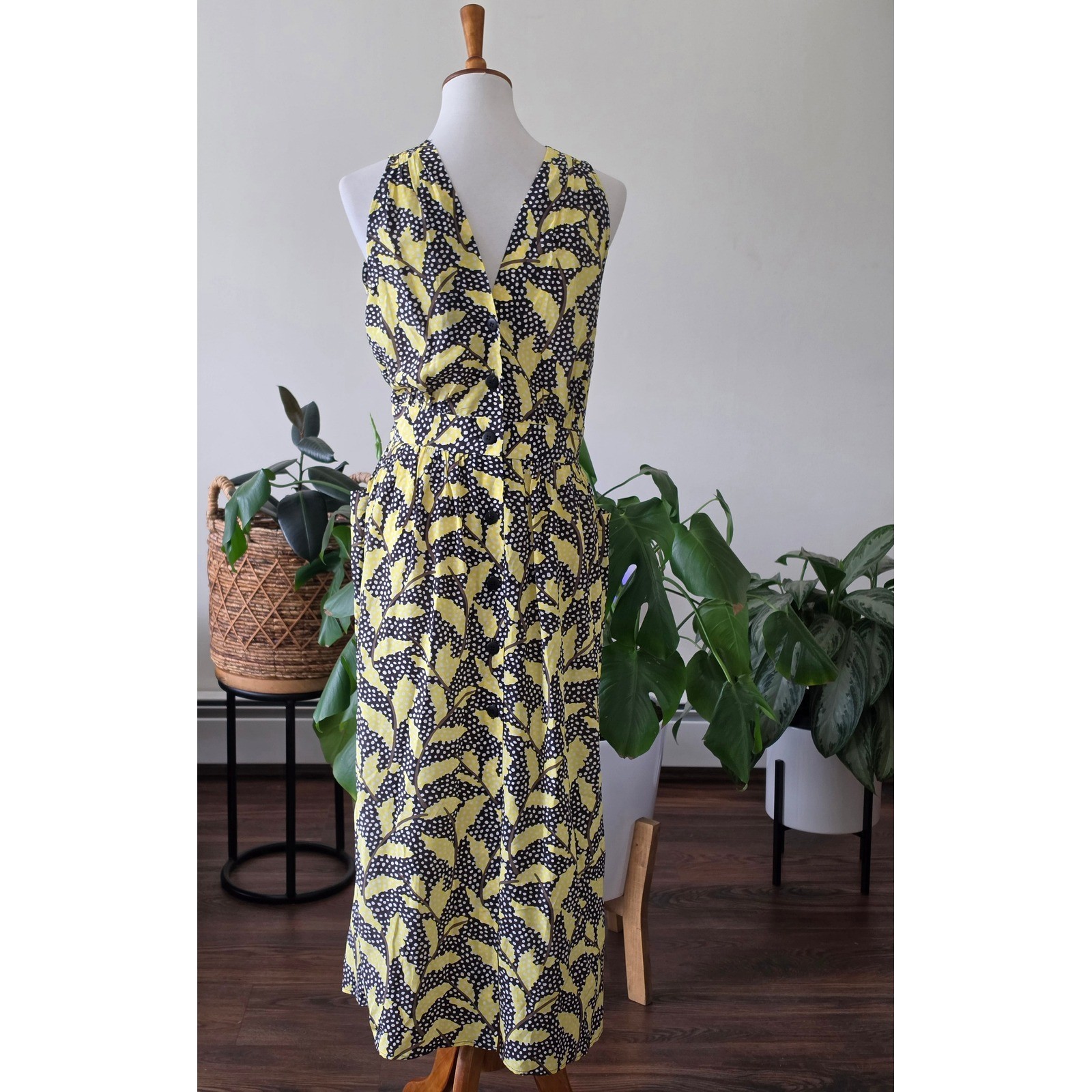 No.6 Store Button Back Dress Black Yellow Leaf Polka Dot Midi Pockets Size 2