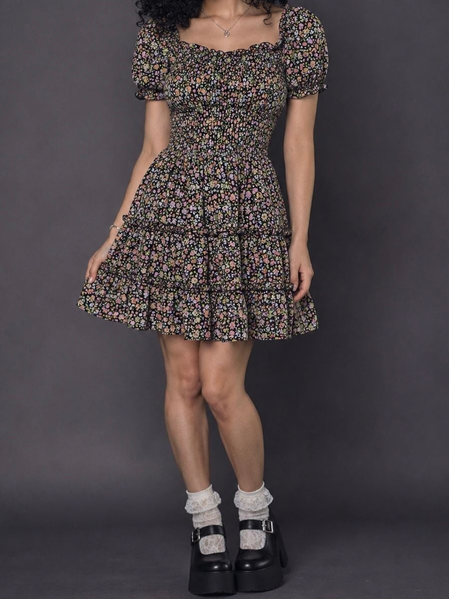 Art Class Floral Print Smocked Square Neck Puff Sleeve Ruffle Mini Dress