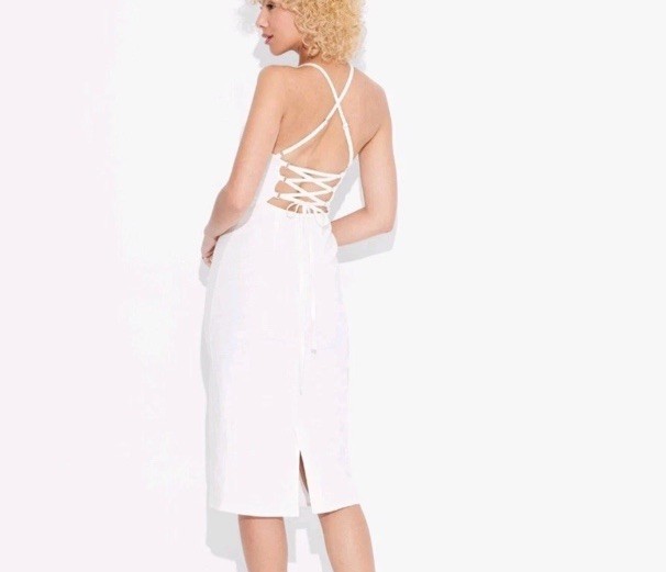 Wild Fable Ivory Linen Blend Square Neck Strappy Back Zip Midi Sheath Dress 8