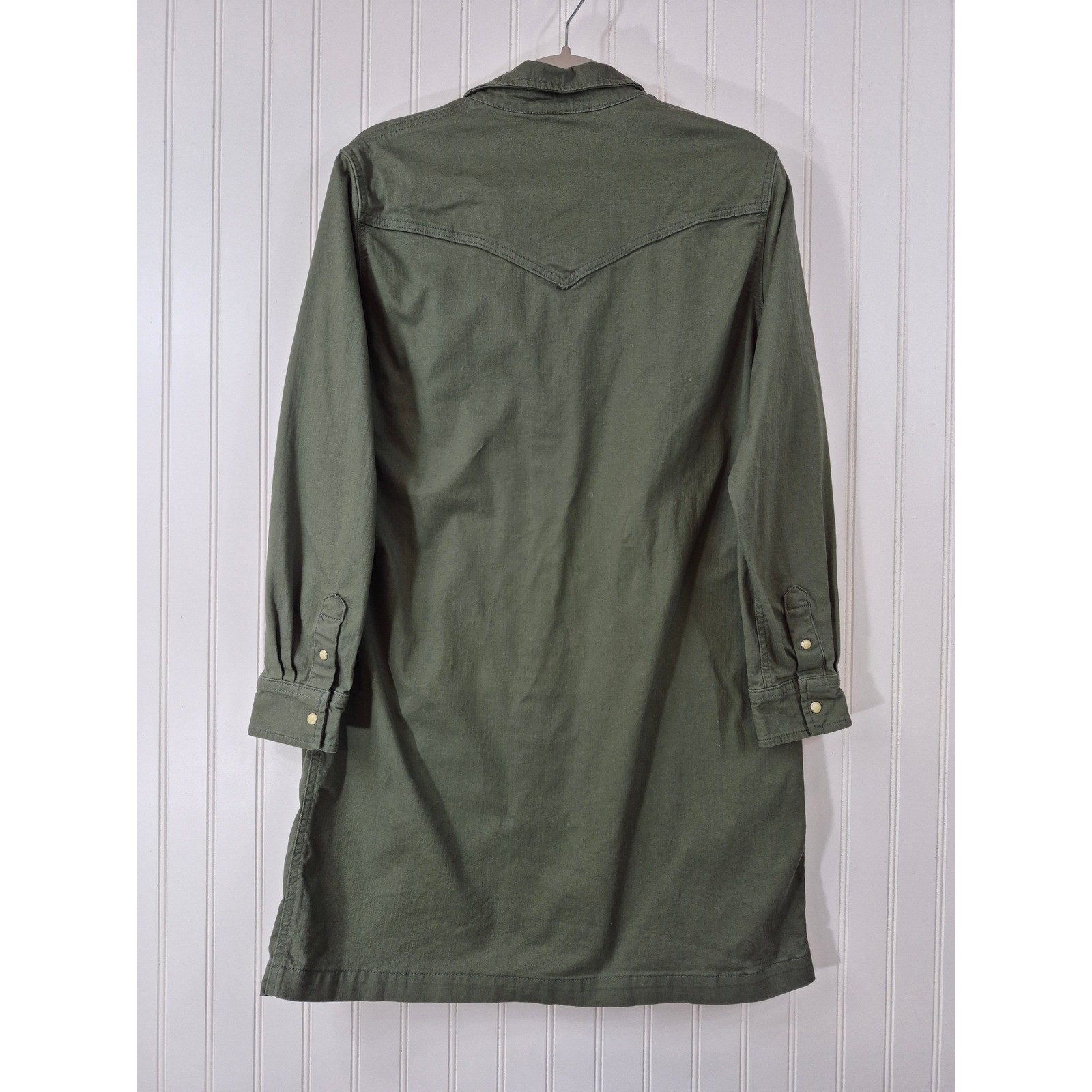 Lee Olive Green Western Pearl Snap Front Utility Shirt Dress Long Sleeve Large