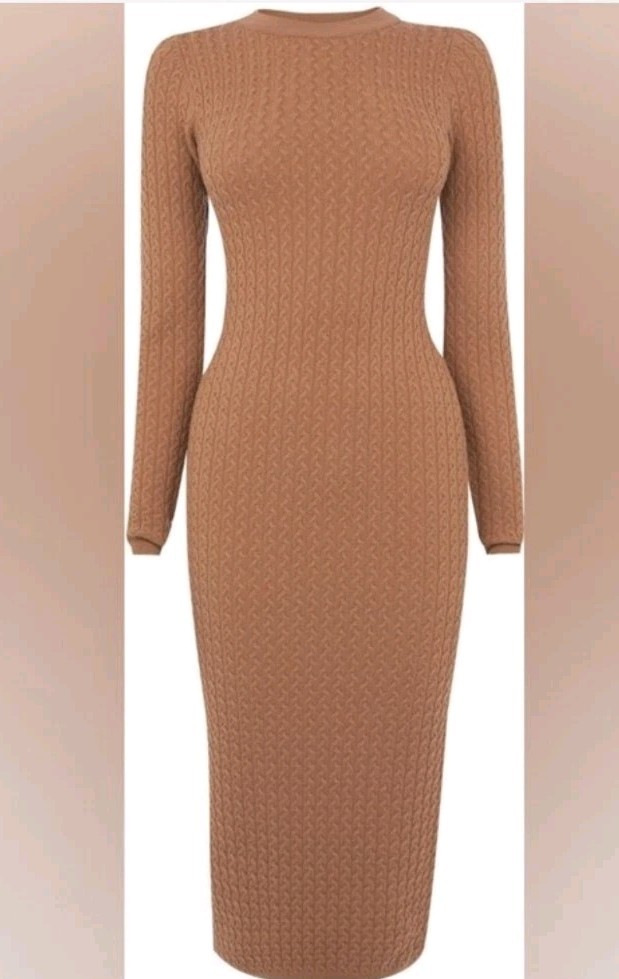 Karen Millen Tan Bodycon Cable Knit Sweater Midi Size S Dress