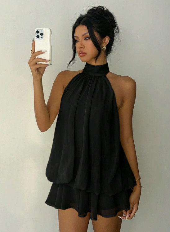 Womens Halter Neck Backless Mini Dress Sleeveless Ruffle Tiered Flowy Sundress