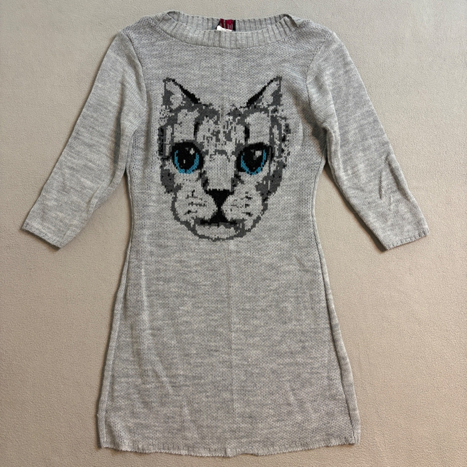 Hot Shot Gray Cat Graphic Knit Sweater Dress 3/4 Sleeve Small USA Made