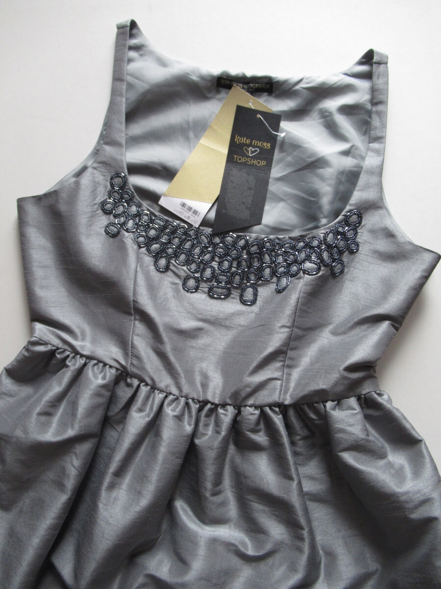 BNWT KATE MOSS TOPSHOP Silver Grey Silk Taffeta Beaded Mini Prom Dress Size 12