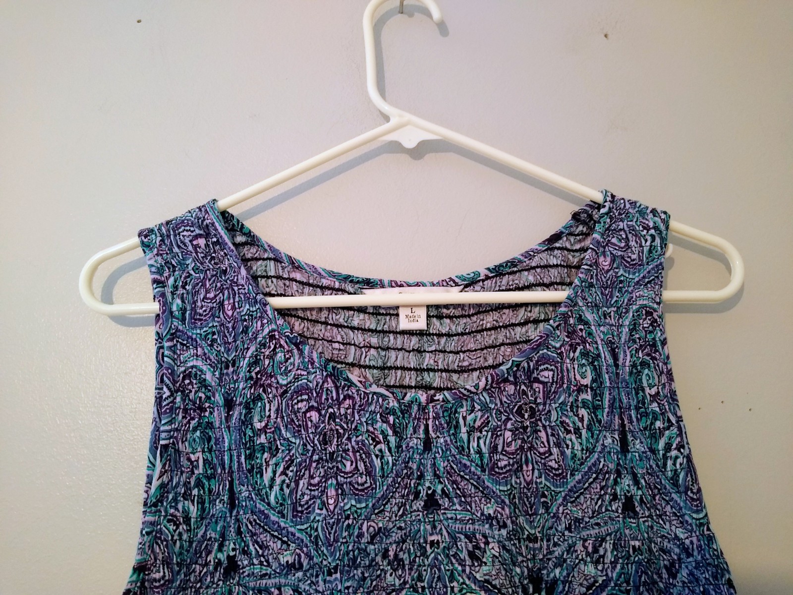 Croft & Barrow Midi Sundress L Blue Purple Paisley SmockingScoop Neck Flowy Boho
