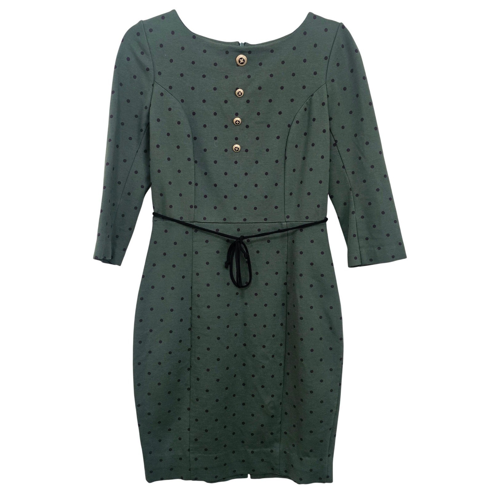 Boden Polka Dot Knit Sheath Dress Green Black Belted Women Size 8 Office Classic