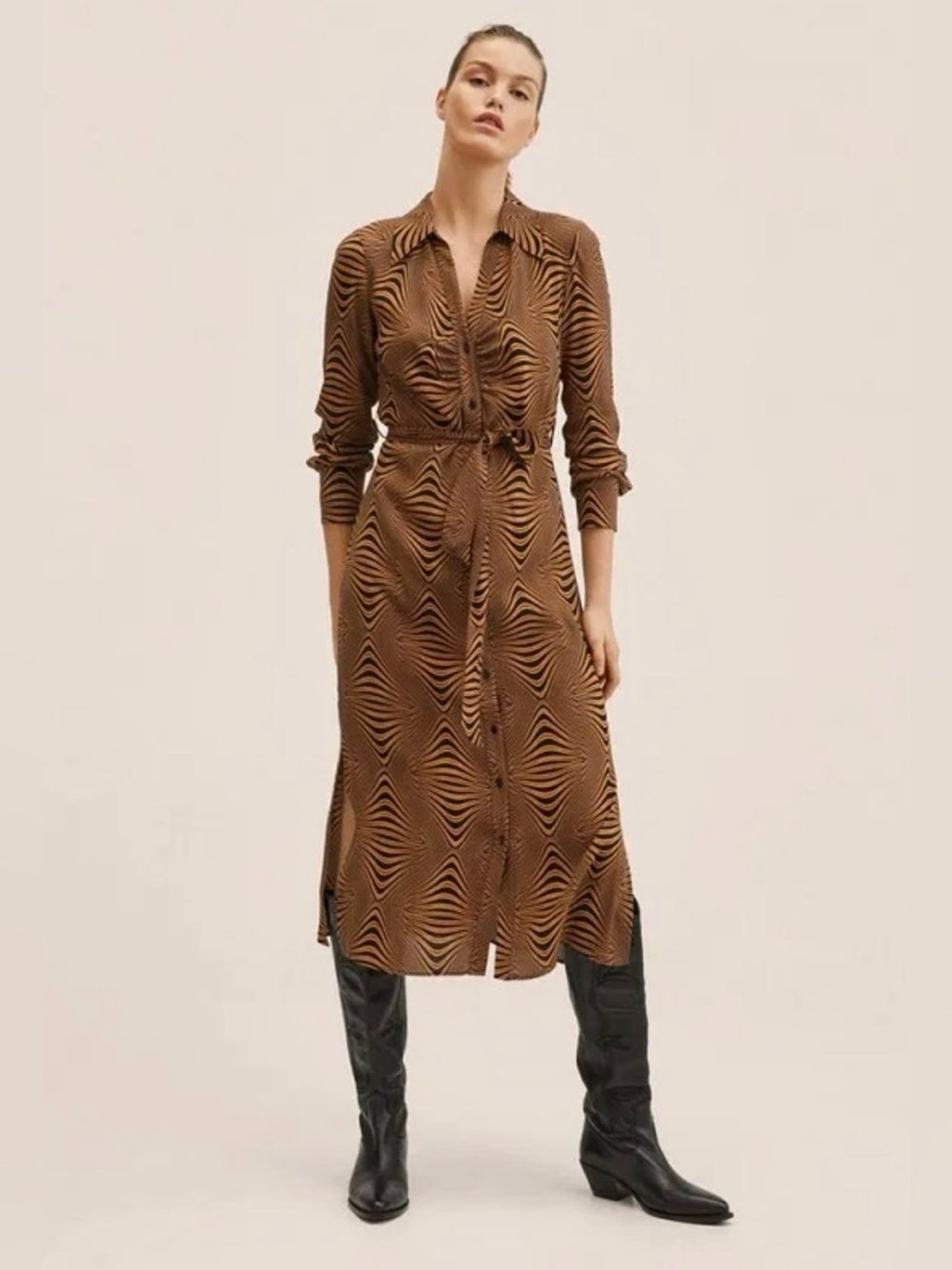 MNG Mango Leona Maxi Shirt Dress Size 4 Brown Black Zebra Belted Button Down