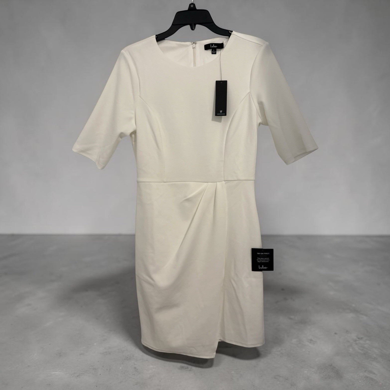 Lulus White Solid Sheath Dress Round Neck Half Sleeve Pleated Knee Length L
