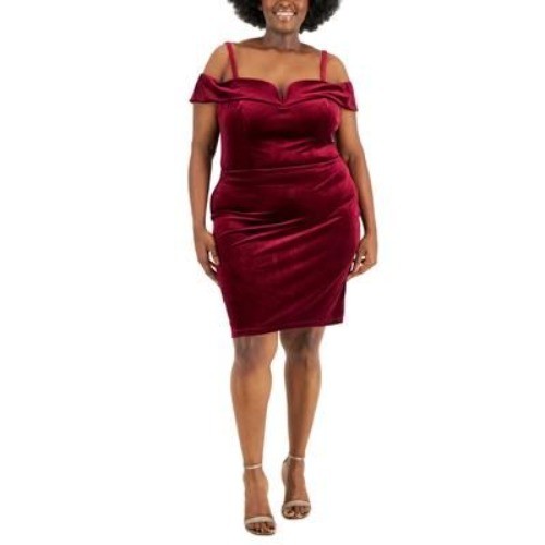 B.Darlin Burgundy Off-Shoulder Velvet Cocktail Dress Size 22W Stretch Blend Line