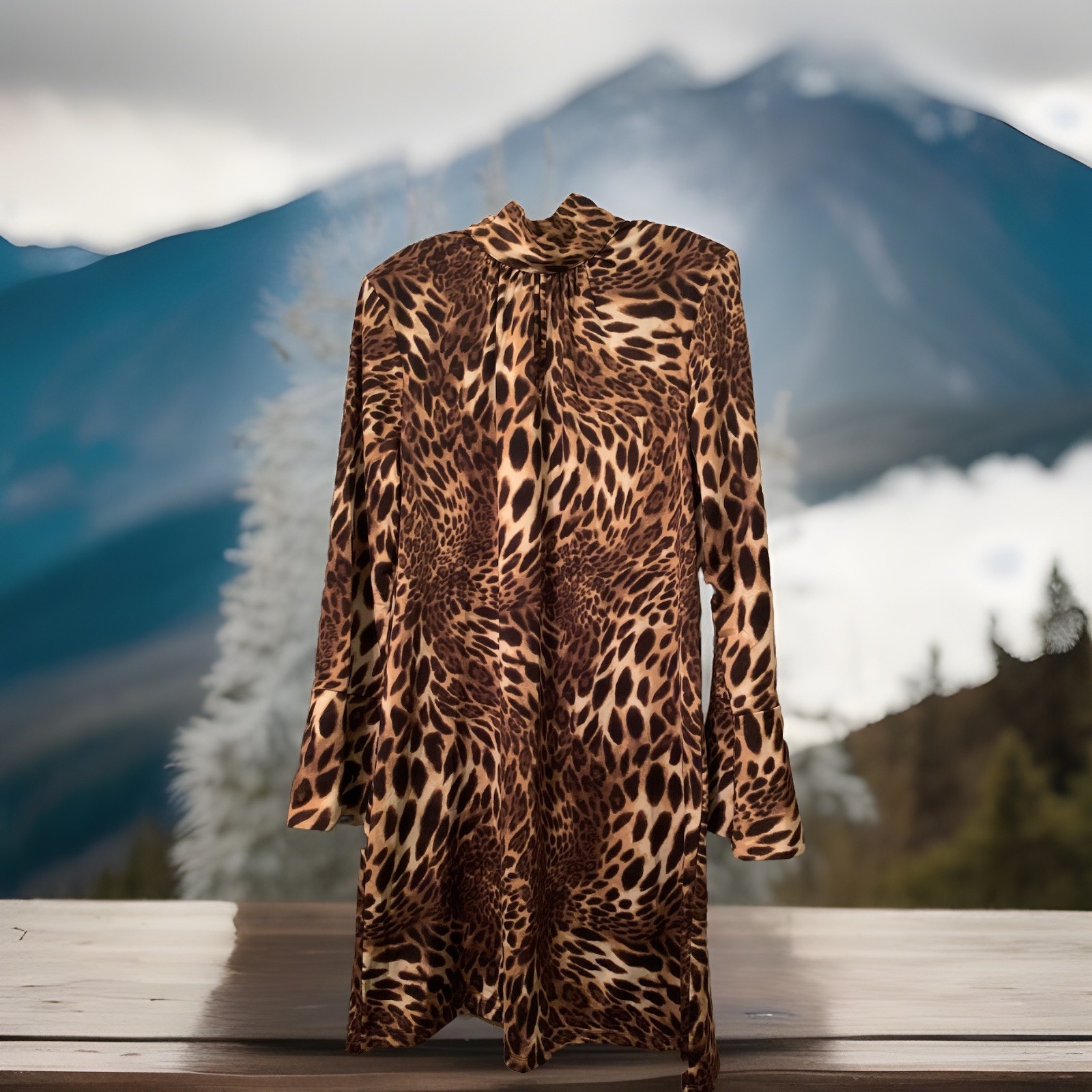 💥I.N.C Leopard Print Dress Two Buttons Behind Neck Bell Sleeves.