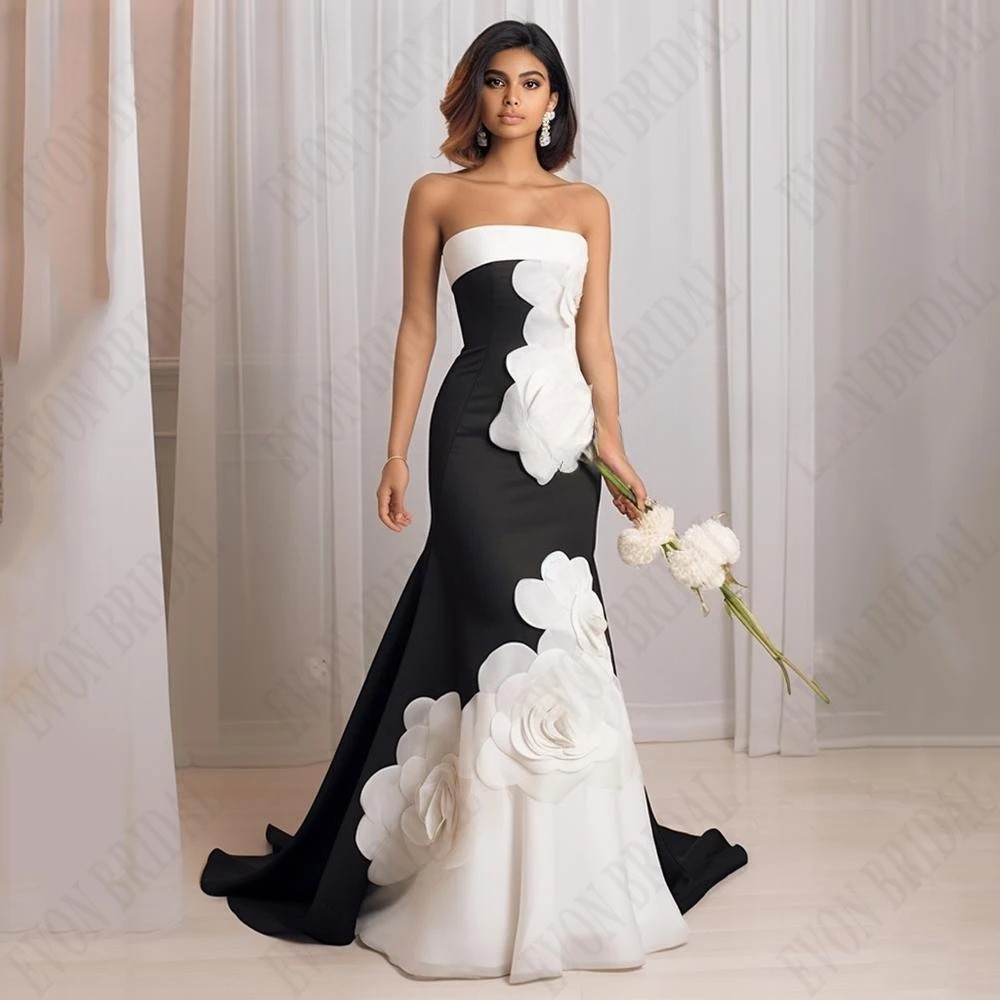 Black And White Flowers Celebrity Dresses Mermaid formal Evening Gown Custom