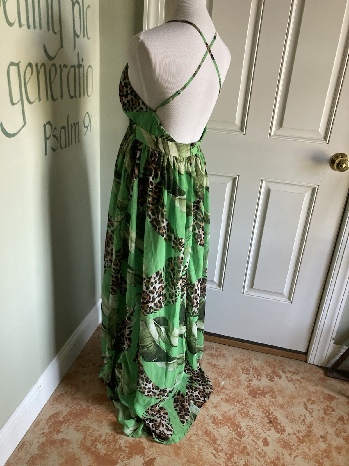 S Strappy Halter Green Leaf Long Maxi Sun Dress Knee-slit Versatile V-neck Lined