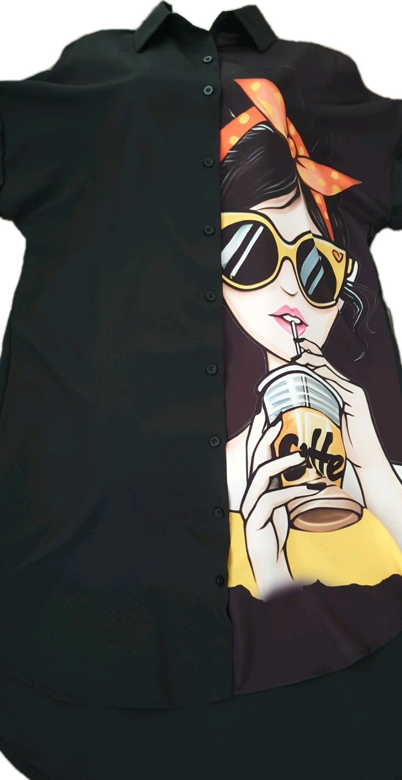 Cute Girl Portrait Print Oversized Dipped Hem Kaftan Cover-up Shirt Dress