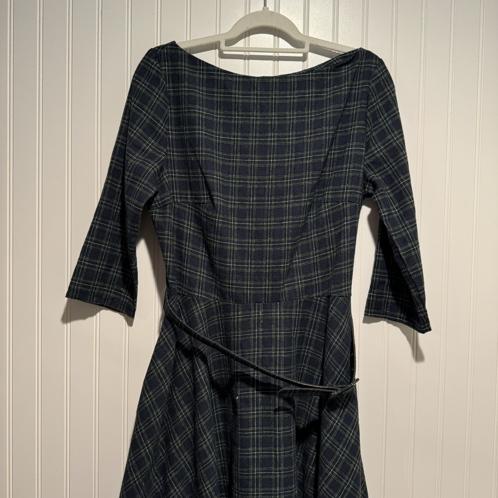 Unique Vintage Blue Green Plaid 50s Dress Fit Flare Belted Boat Neck Size 10