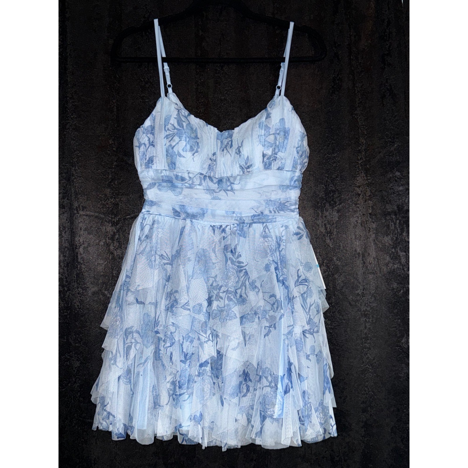 B. Darlin Blue Floral Tiered Ruffle Mesh Mini Dress NWT Size 5/6 Z42AM74