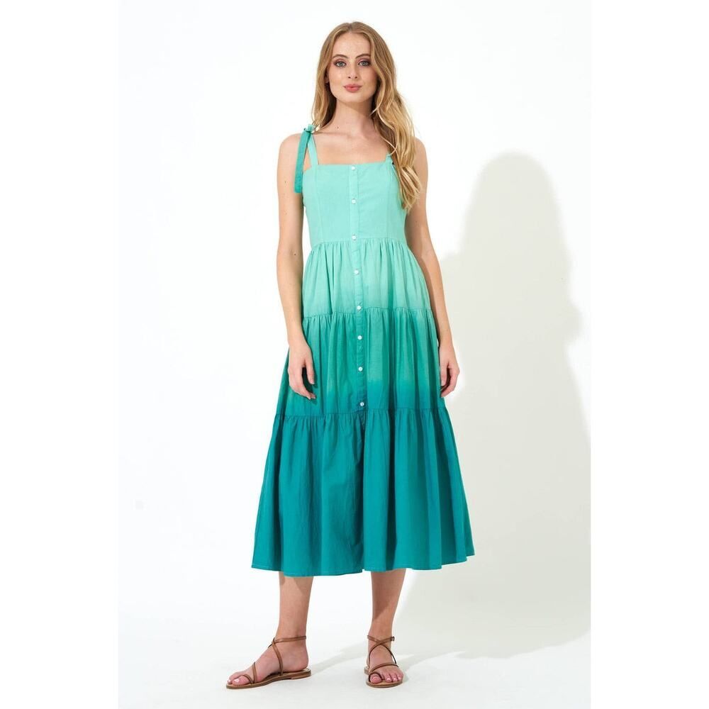 Oliphant NEW Tie Strap Button Cotton Poplin Midi Dress in Ombre Green – Size XS