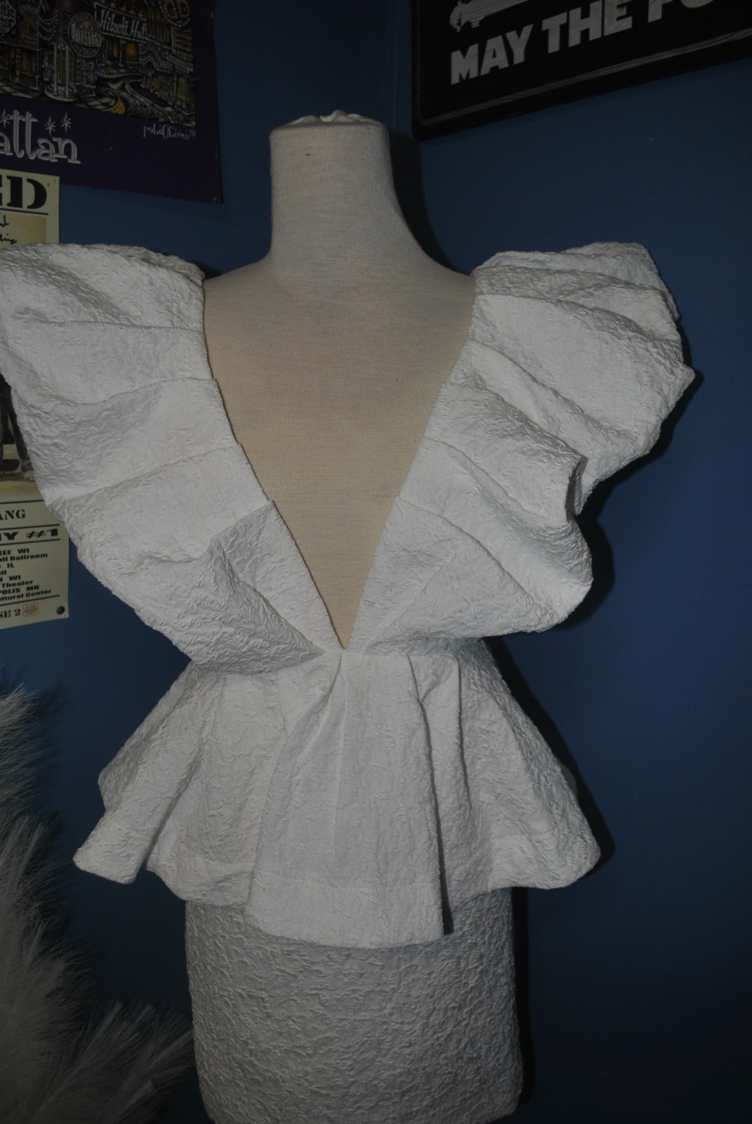MABLE White Textured Ruffle Peplum Mini Dress Deep V Open Back Size Small NWT