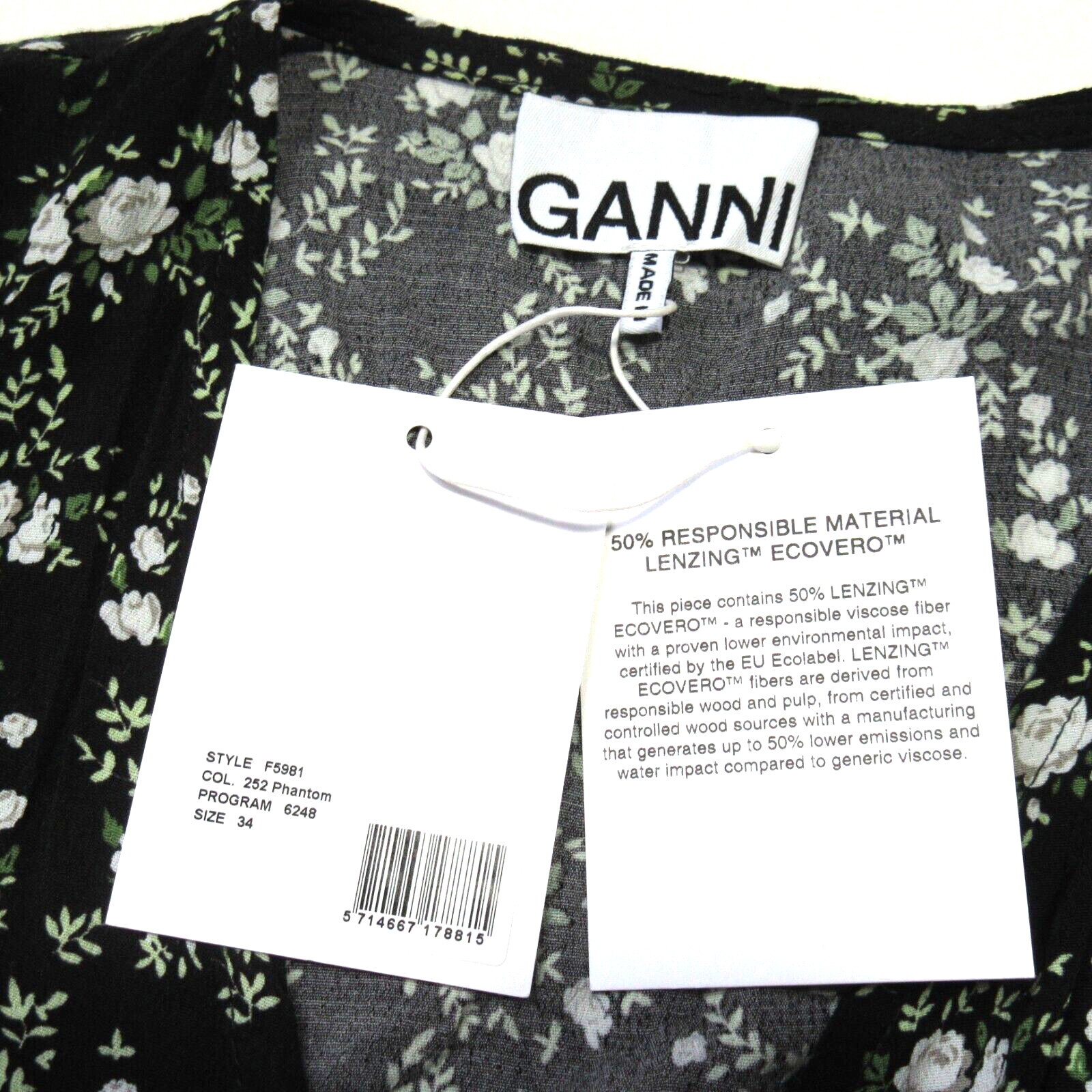 NWT GANNI Floral Printed Crepe Wrap Midi in Phantom Black Dress 34 US 2 $285